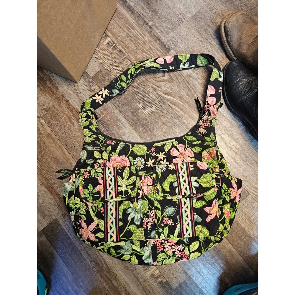 Vera Bradley Quilted Cotton Hobo Bag Black Tropical Floral Shoulder Purse